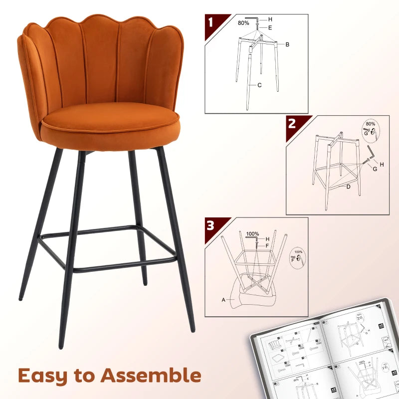 Set of 2 Orange Velvet-Feel Lotus Bar Stools - Stylish Modern Seating for Kitchen or Home Bar