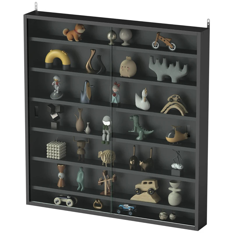 Modern Black Six Shelf Display Cabinet with Glass Doors - Stylish Storage Solution for Home or Office