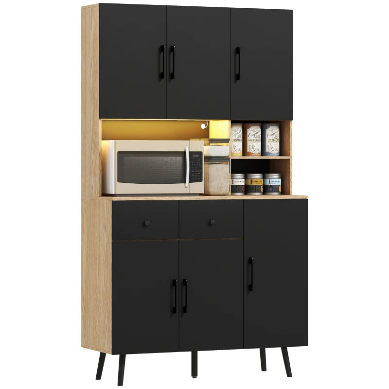 176 cm Modern Kitchen Cupboard with LED Lights - Stylish Oak and Black Storage Solution for Home