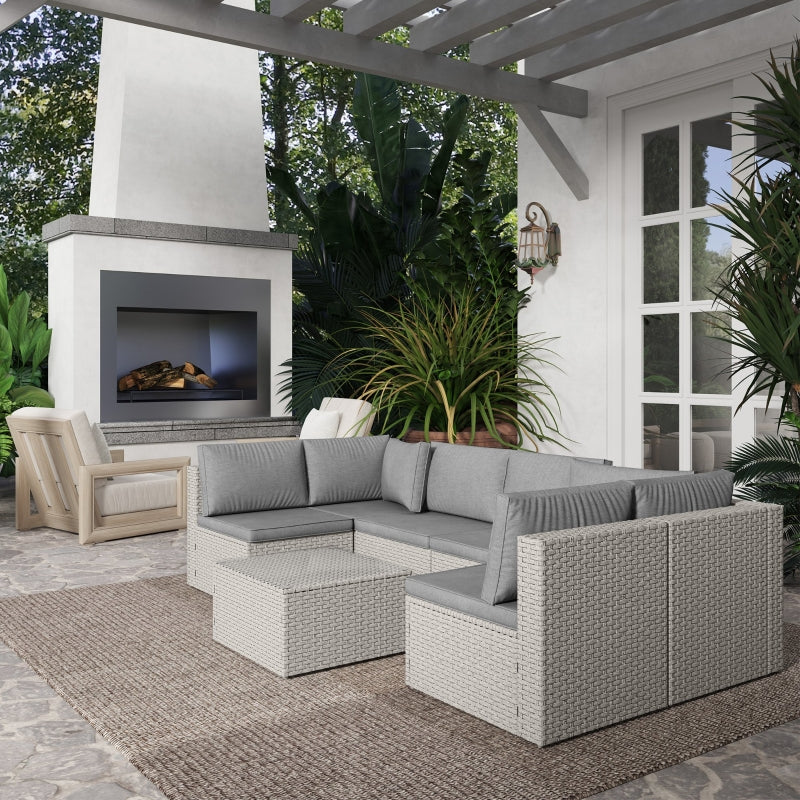 Grey Seven-Piece Modular Rattan Furniture Set for Outdoor Patio and Garden