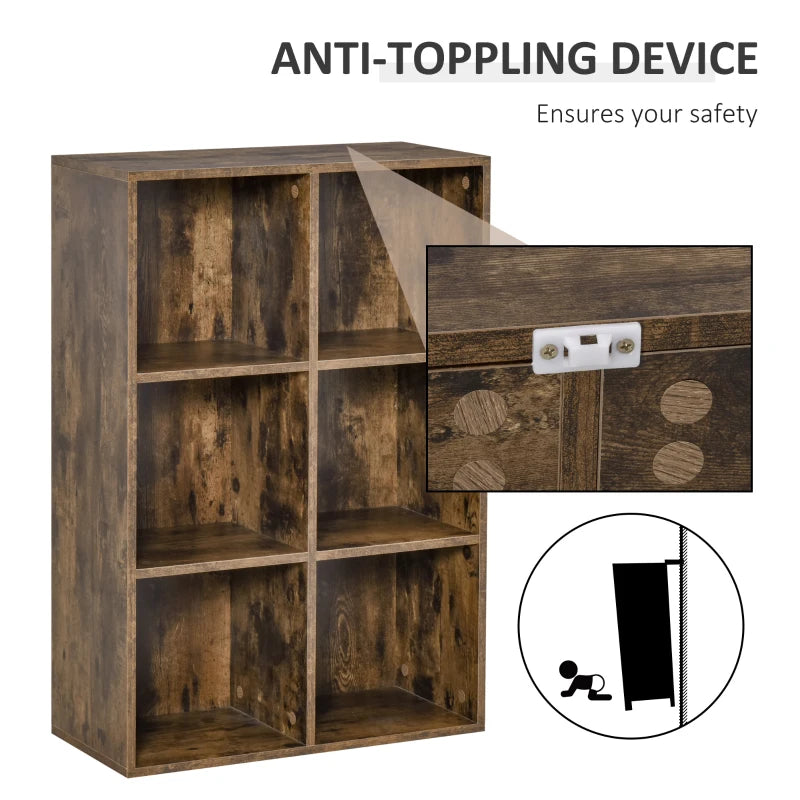 Rustic Brown Six-Cube Bookcase - Stylish Storage Solution for Home & Office, Versatile Wood Effect Design