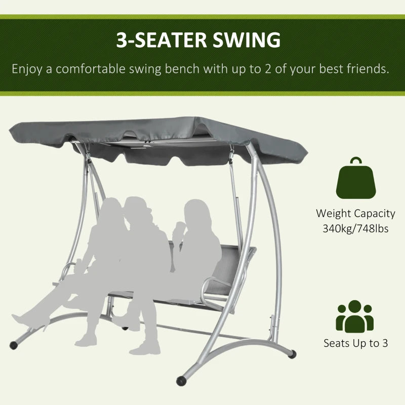 Grey 3-Person Steel Outdoor Swing Bench with Canopy