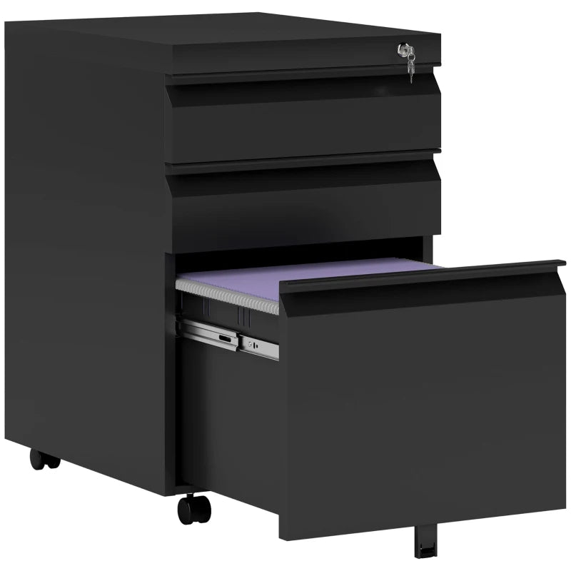 Vinsetto Mobile 3 Drawer Metal Filing Cabinet - Anti-Tilt Design for Letter, A4, Legal Size - Black Office Storage