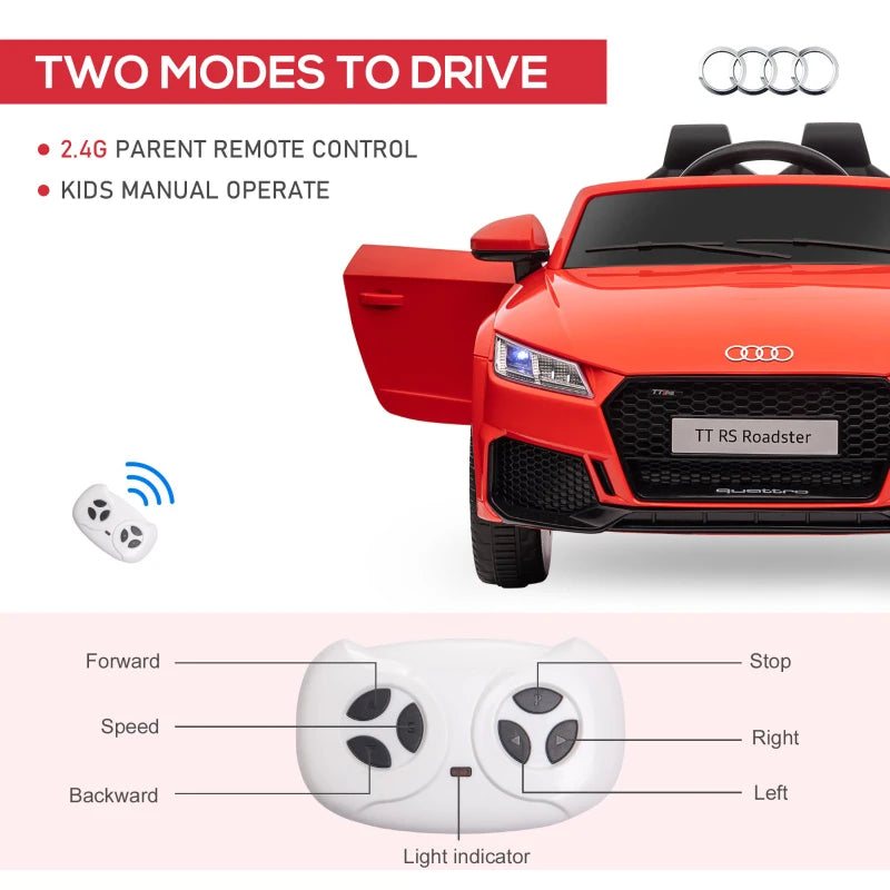 Kids Licensed Audi TT 12V Ride-On Car with Remote, Suspension, Headlights & MP3 Player - Red, 3km/h Speed