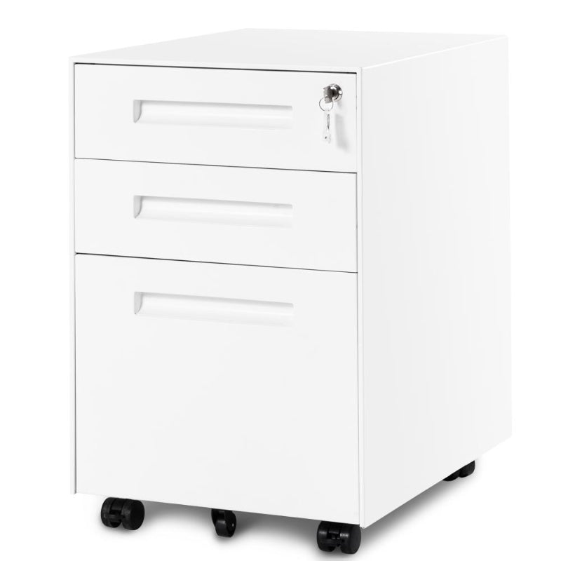 Mobile File Cabinet with 3 Lockable Drawers & Casters, Enamel Steel Side Table for Office & Study, White, 41x52x60 cm