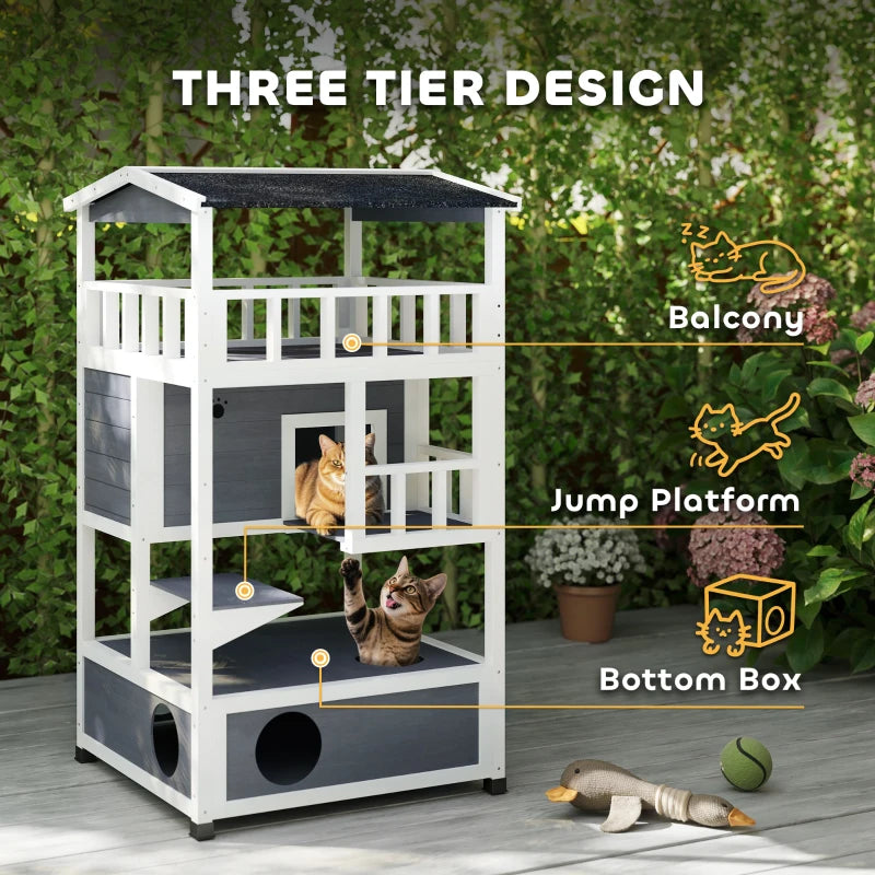 Wooden 3-Tier Outdoor Cat House with Tilted Roof, Terrace, Jump Step, Waterproof Grey Shelter for Cats