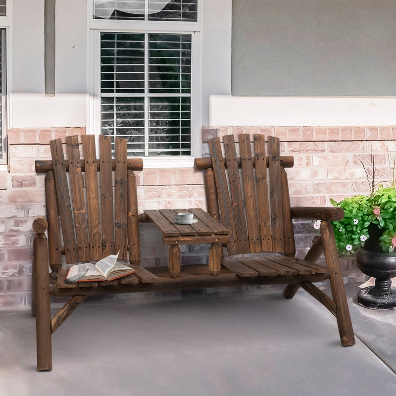 Carbonized Wood Garden Bench with 2 Seats and Coffee Table