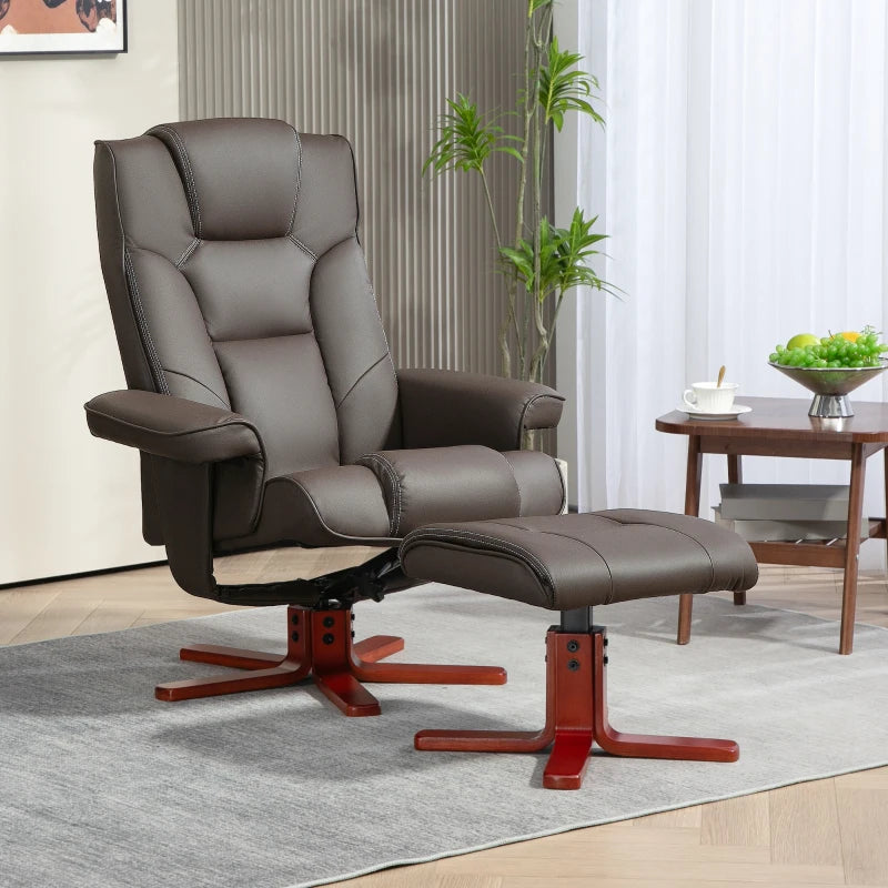 Brown Faux Leather Manual Recliner and Footstool Set for Ultimate Comfort and Relaxation