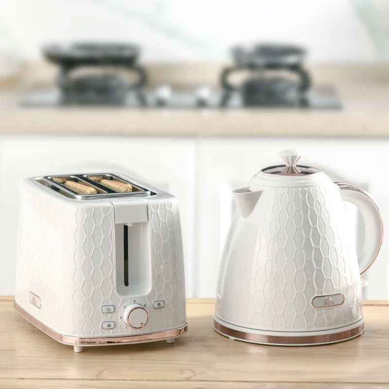 1.7L 3000W Fast Boil Kettle & 2 Slice Toaster Set - Auto Shut Off, Browning Controls, Stylish White Finish
