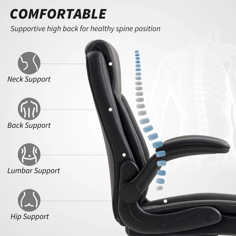 Ergonomic Faux Leather Office Chair with Flip-Up Armrests - Stylish Black Design for Comfort and Productivity