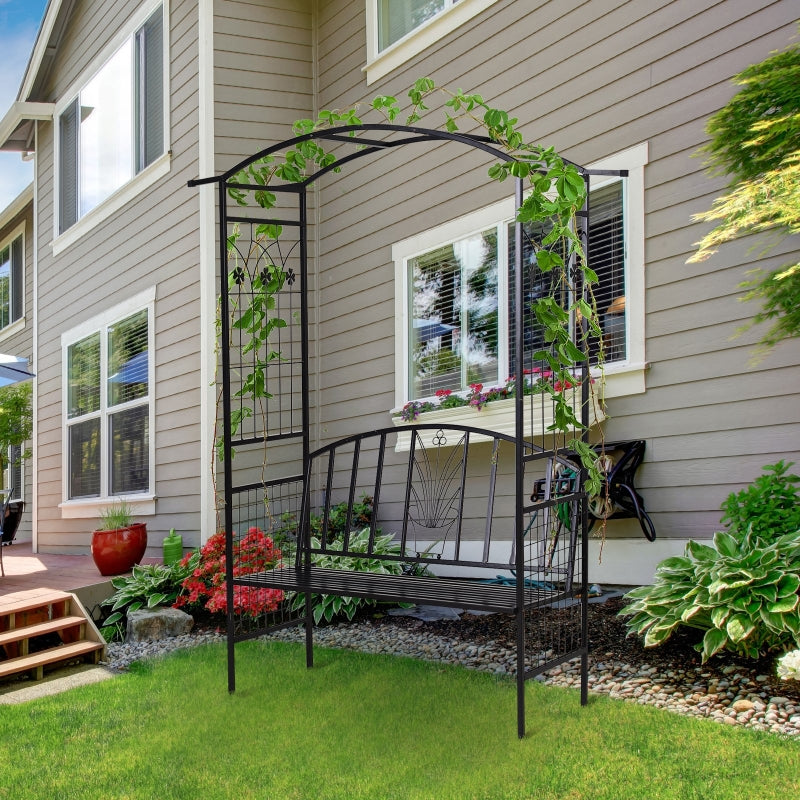 Black Steel Garden Arch with 2-Seater Bench for Flower Climbing