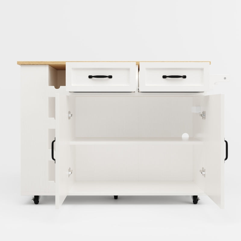 Space-Saving Kitchen Island Trolley with Power Strip, Folding Design & Wine Rack - White & Natural, 131.5L x 76W x 91H cm