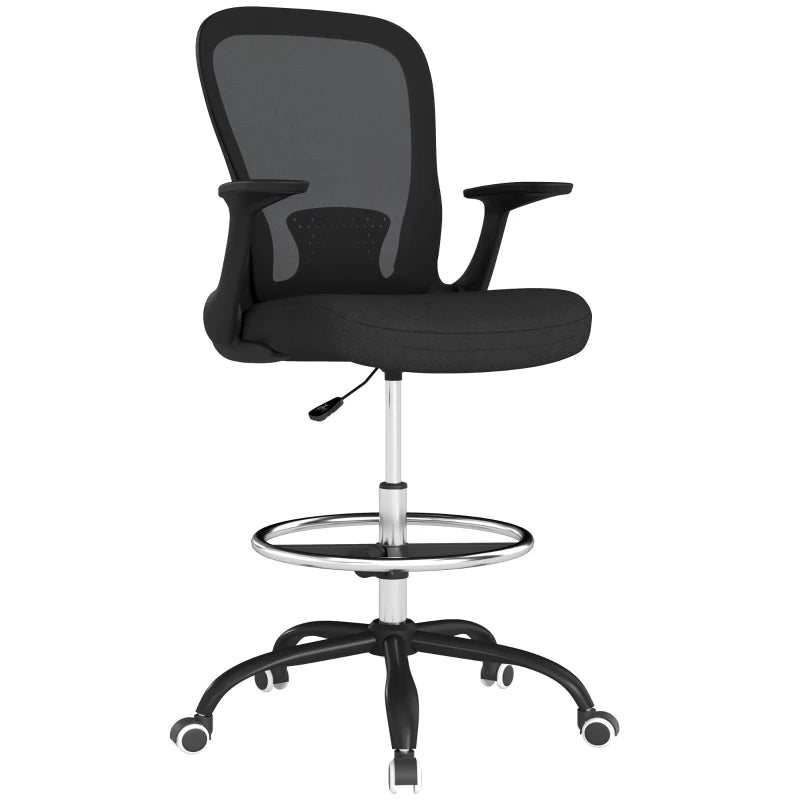 Ergonomic Draughtsman Chair - Mesh Drafting Office Chair with Flip-Up Armrests & Adjustable Foot Ring - Black