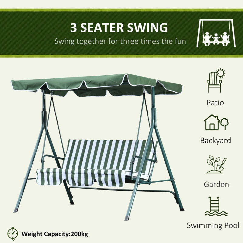 Green Padded 3-Seater Garden Swing Chair with Adjustable Canopy