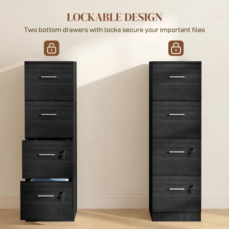 Stylish Black Wood Effect Four-Drawer Lockable Filing Cabinet for Secure Document Storage - Ideal for Home or Office