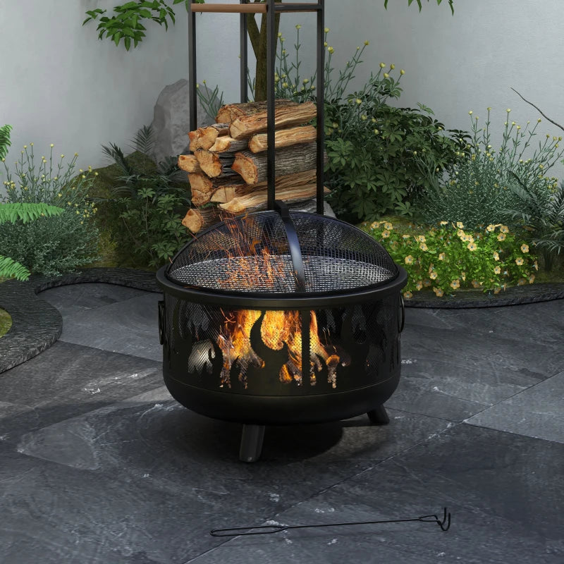 Premium Black Steel Fire Pit BBQ with Poker - Outdoor Heating & Cooking Solution for Patios, Gardens, and Backyards