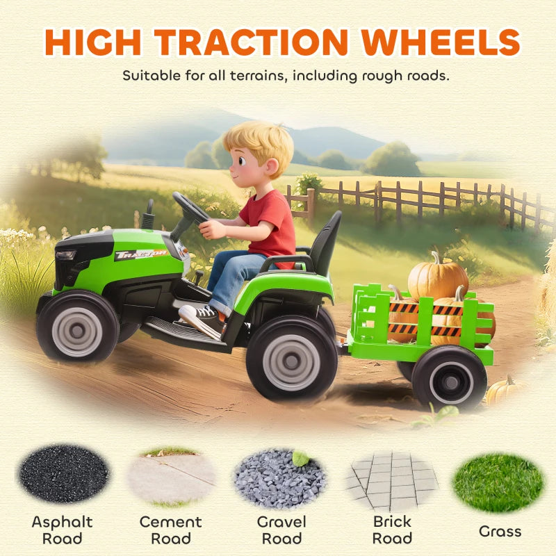 12V Kids Ride on Tractor with Trailer Remote Control Music for Ages 3-8 Green
