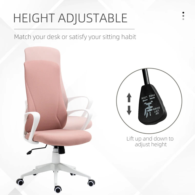 Vinsetto Pink High Back Office Chair - Adjustable Fabric Desk Chair with Armrests & Swivel Wheels for Comfort