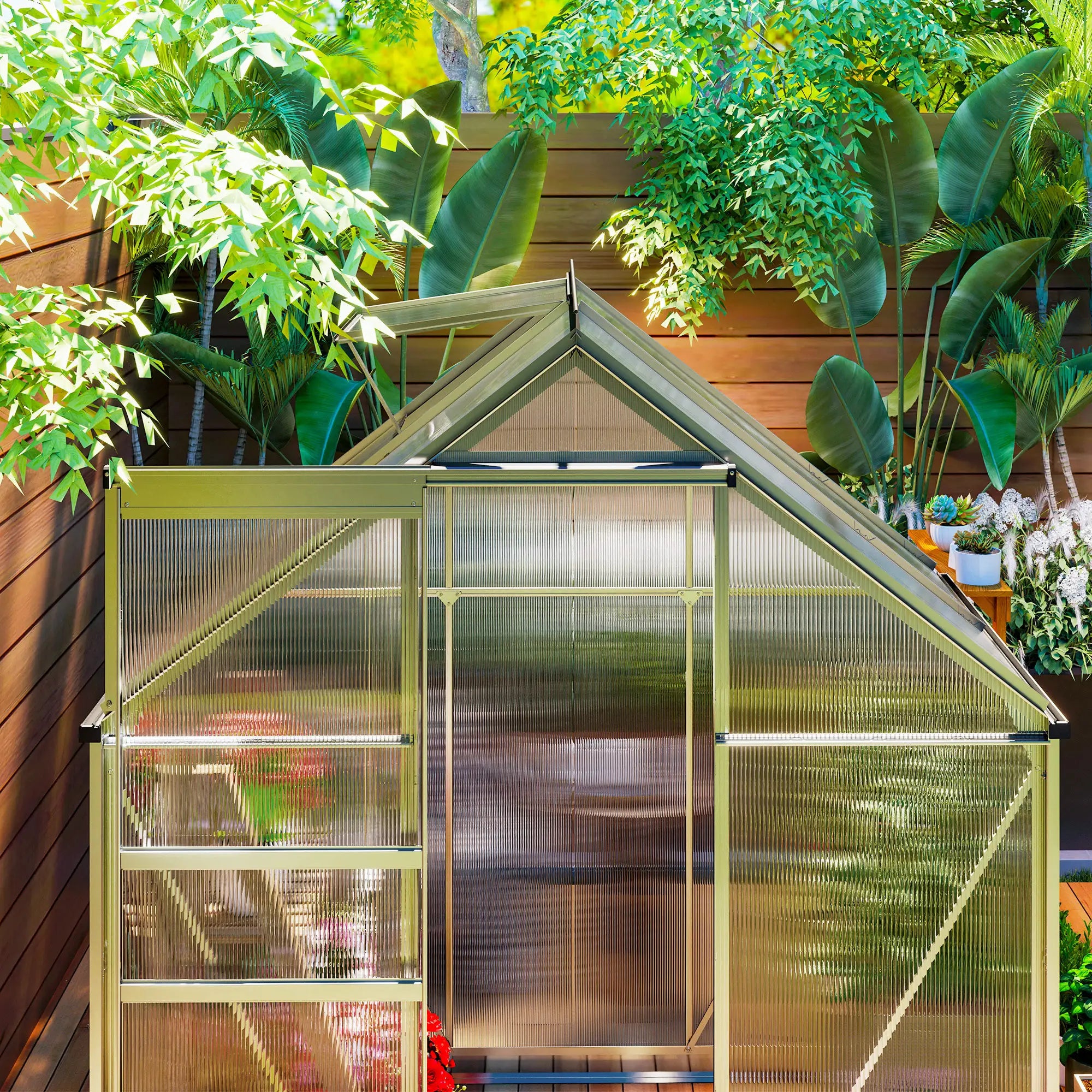 192.5cm x 131cm Walk-In Polycarbonate Greenhouse - Silver-Tone With Window hatch