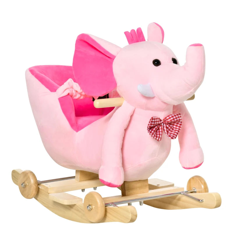 2-in-1 Plush Baby Rocking Horse Elephant with Wheels - Wooden Toy for Kids, 32 Songs, Ideal for 18+ Months (Pink)