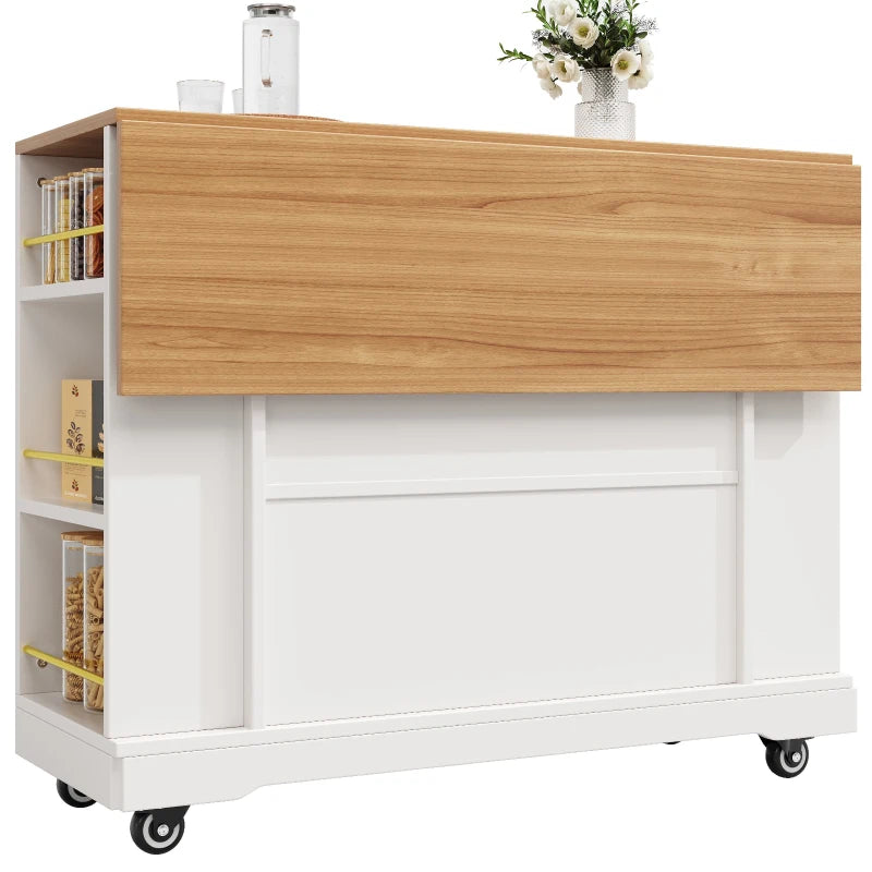 Adjustable Kitchen Island Trolley - Rolling Cart with Drawers & Storage Racks, 120x40x90 cm, White - Easy Stability