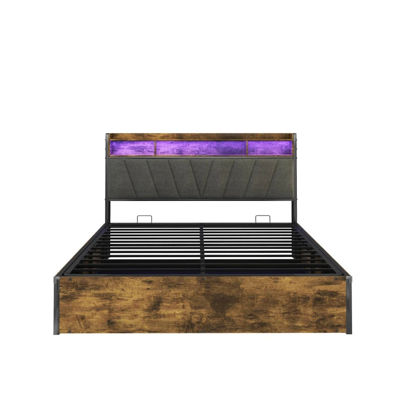 Double Bed Frame with RGB LED Headboard & Charging Station, Hydraulic Storage, Linen Fabric, Black & Walnut, 205x136x109 cm