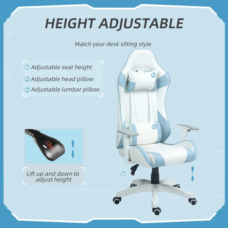 Faux Leather Colour Block Gaming Chair - 135° Recline, Stylish Blue/White Design for Ultimate Comfort and Support