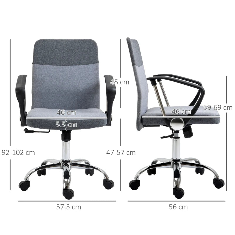 Vinsetto Grey Linen Fabric Swivel Office Chair - Adjustable Computer Desk Chair with Wheels for Home Study