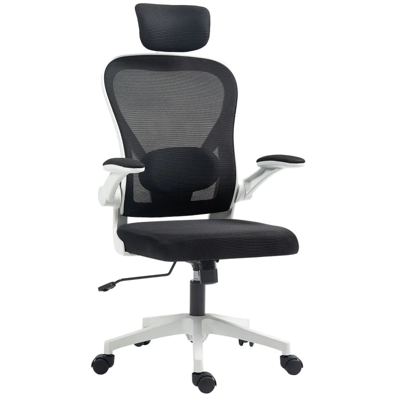 Ergonomic Executive Office Chair - High Back Mesh Desk Chair with Flip-Up Armrests, Rotatable Headrest & Adjustable Lumbar Support - Black