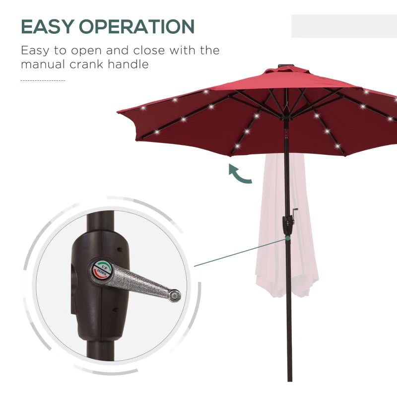 Red Solar LED Light Patio Umbrella with Hand Crank