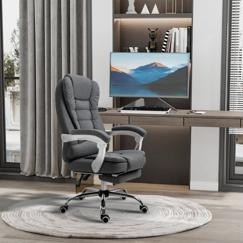 Vinsetto Grey Office Chair - Linen Fabric Swivel Desk Chair with Padded Cushion, 135° Recline & Retractable Footrest