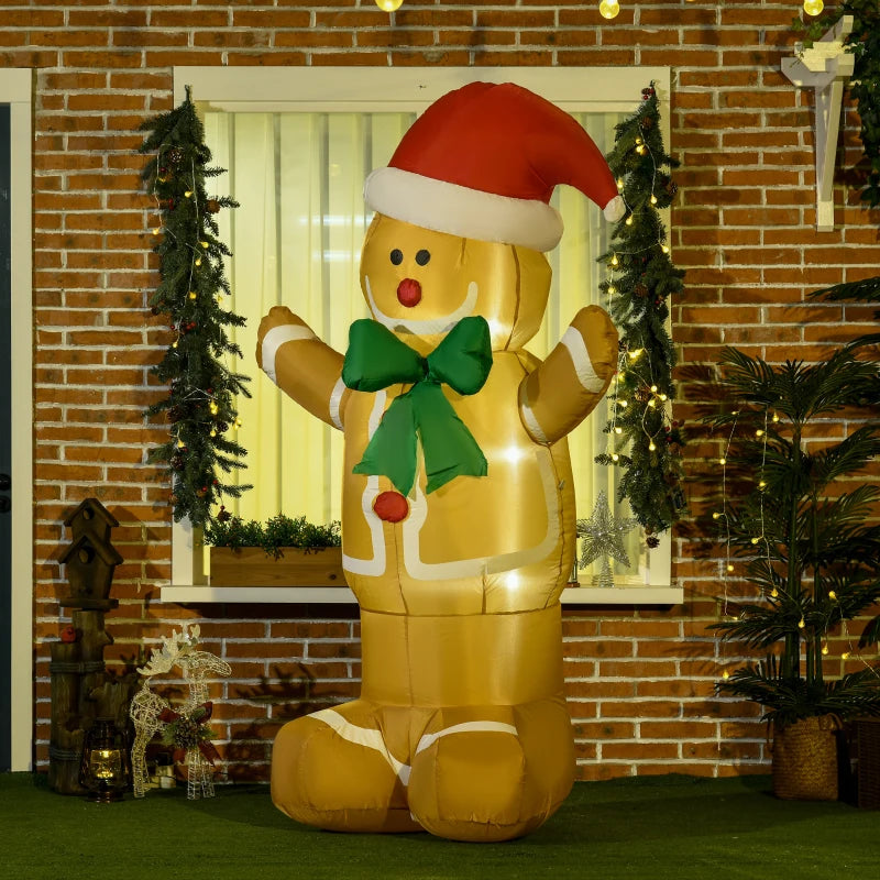 6ft Christmas Inflatable Gingerbread Man with Santa Hat - Safe Outdoor Decoration with LED Lights & Accessories