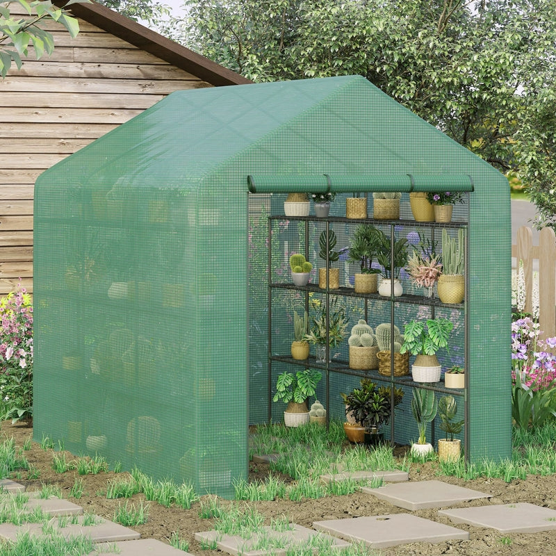 Portable Green 4 Tier Walk-in Greenhouse with Roll-up Door, 244 x 180 x 210cm