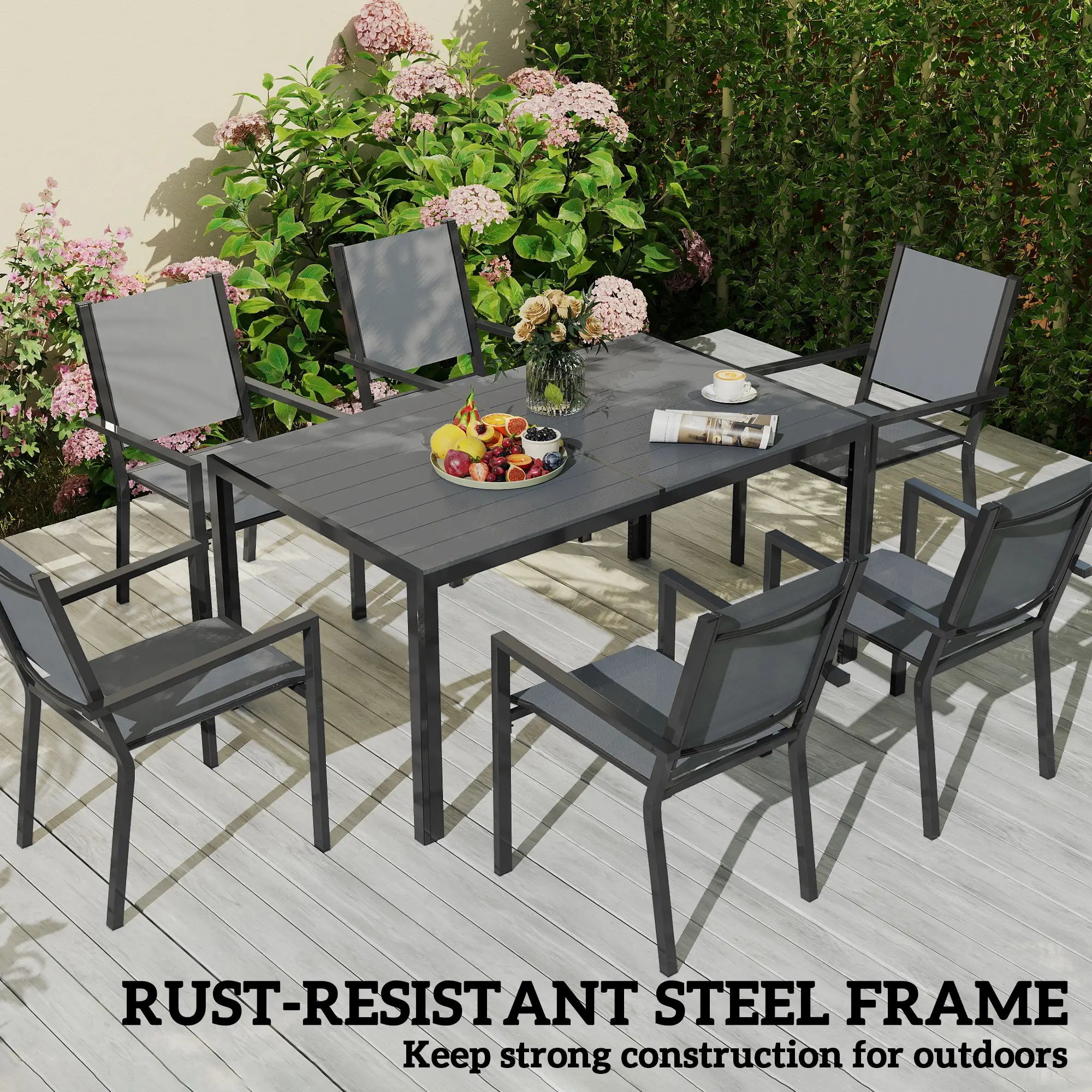 7 Piece Garden Dining Set With 6 Stackable Chairs and 150cm Rectangular Table + WPC Slatted Top