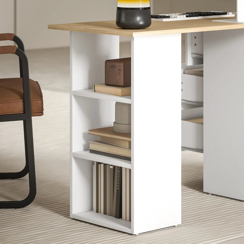 Modern Computer Desk with Storage Shelves and Drawers for Home Office Natural Wood Finish and White