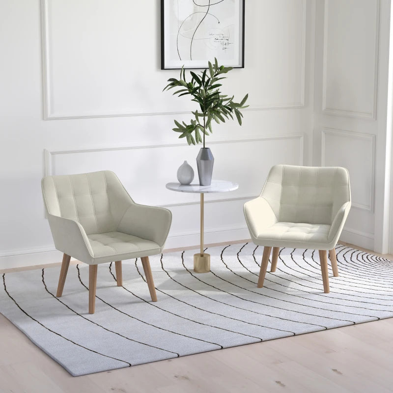 Set of 2 Cream White Accent Chairs with Slanted Back, Thick Padding & Rubber Wooden Legs for Living Room