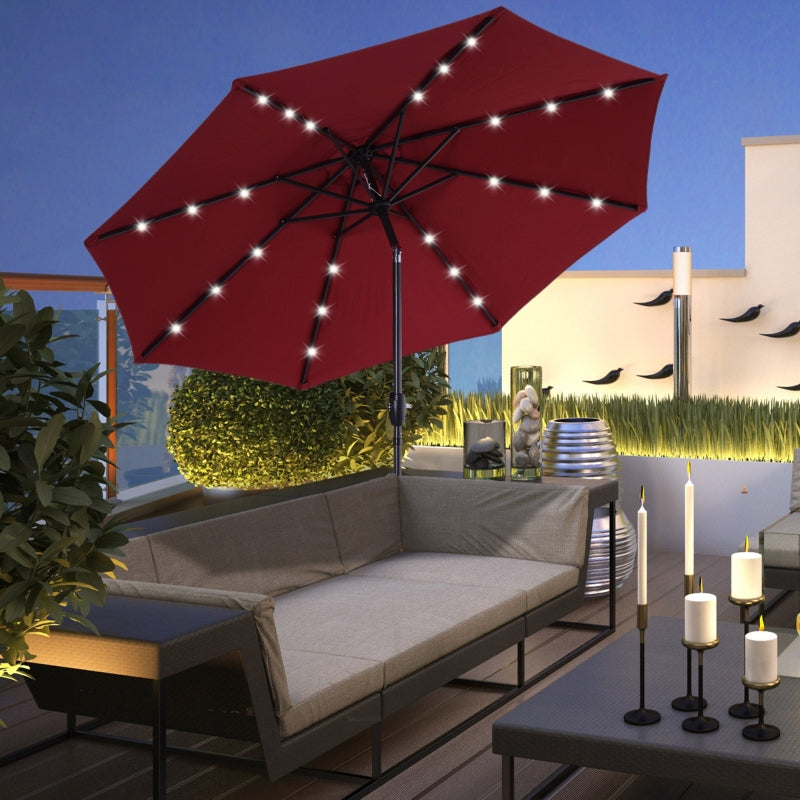 Red Solar LED Light Patio Umbrella with Hand Crank