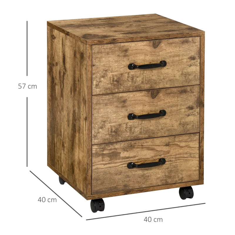 Rustic Brown 3 Drawer Mobile File Cabinet on Wheels - Perfect for Home Office & Study Organization