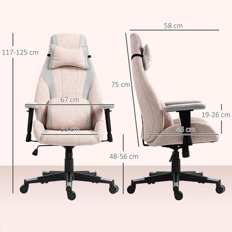 Ergonomic Pale Pink Fabric Gaming Chair with Lumbar Support & Headrest - Perfect for Comfort & Style in Gaming