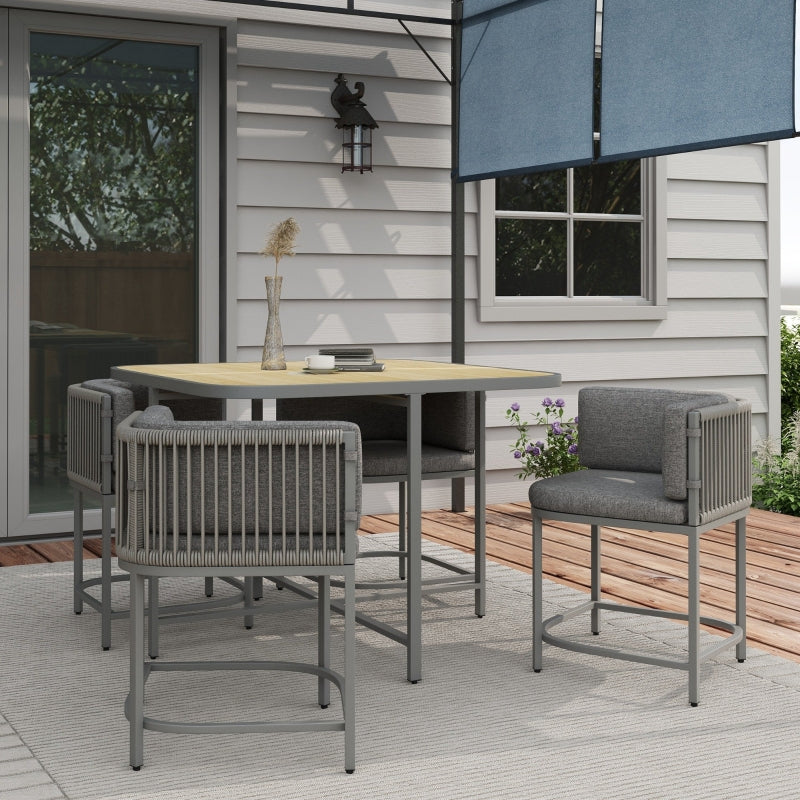 5-Piece Grey Rattan Dining Set with Cushions and Stone Composite Board Top