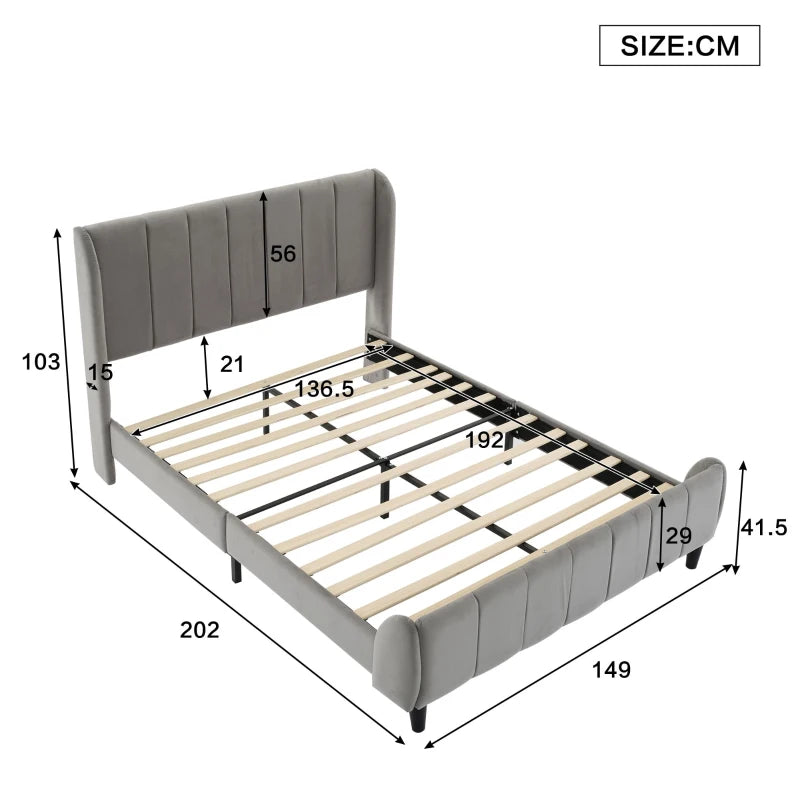 Double Upholstered Bed with Soft Backrest - Vertical Stripe Design, Metal Frame, Gray - 202L x 149W x 103H cm