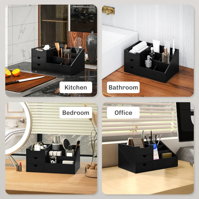 Bamboo Desk Organiser Holder - Multi-Function Storage Caddy with 7 Compartments & 2 Drawers for Home Office Supplies - Black
