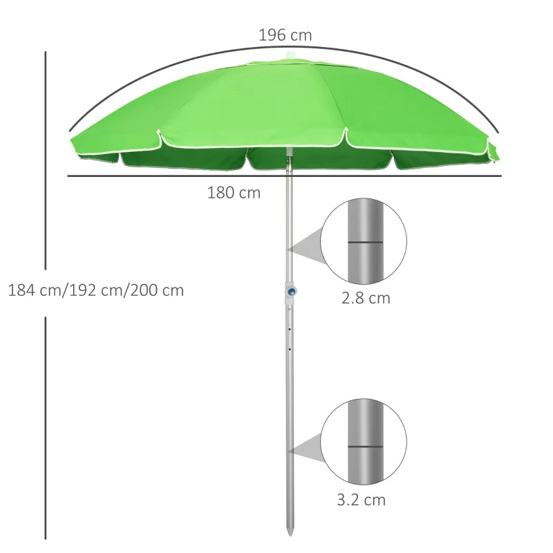 Green 2m Portable Beach Umbrella with Tilt and Adjustable Height