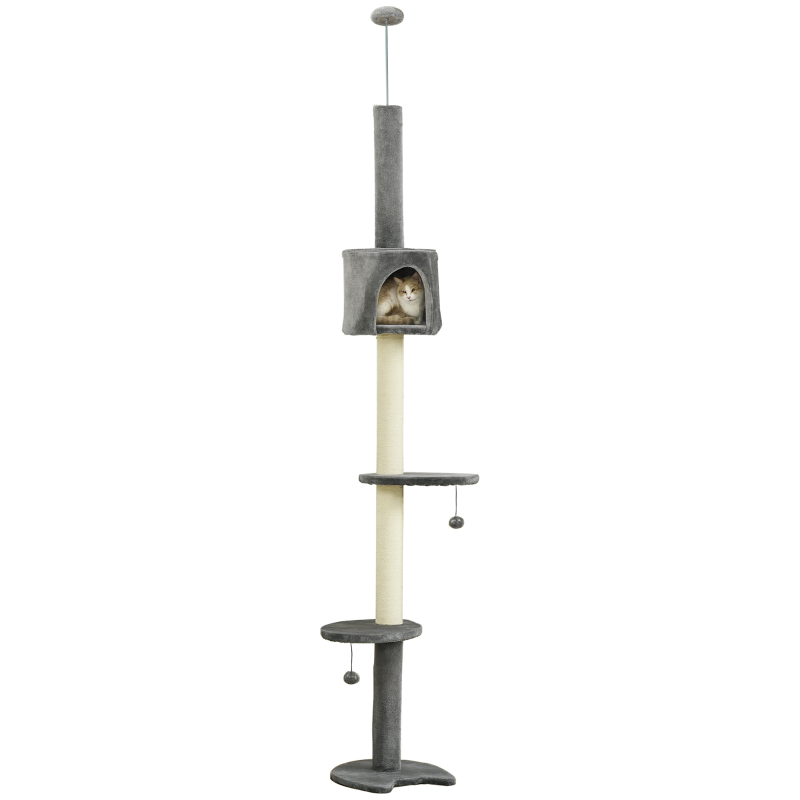 Light Grey Floor to Ceiling Cat Tree - Multi-Layer Condo & Activity Center for Indoor Cats with Scratching Post & Hanging Balls