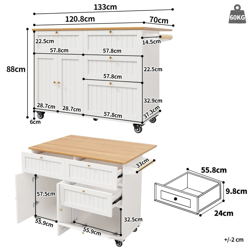 Rolling Mobile Kitchen Island Cart with Drawer & Storage, Drop Leaf, Multi-Functional Design, 133L x 70W x 88H cm, White
