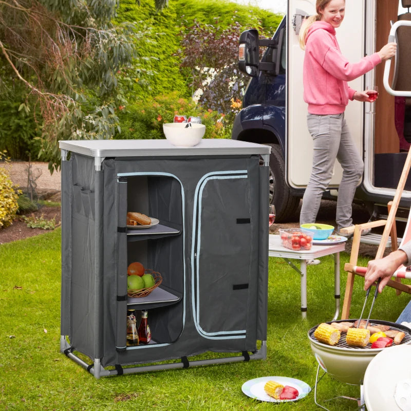 Aluminum Camping Cupboard & Kitchen Station - 3-Shelf Cook Table Storage Organizer for BBQ, Party & Picnic