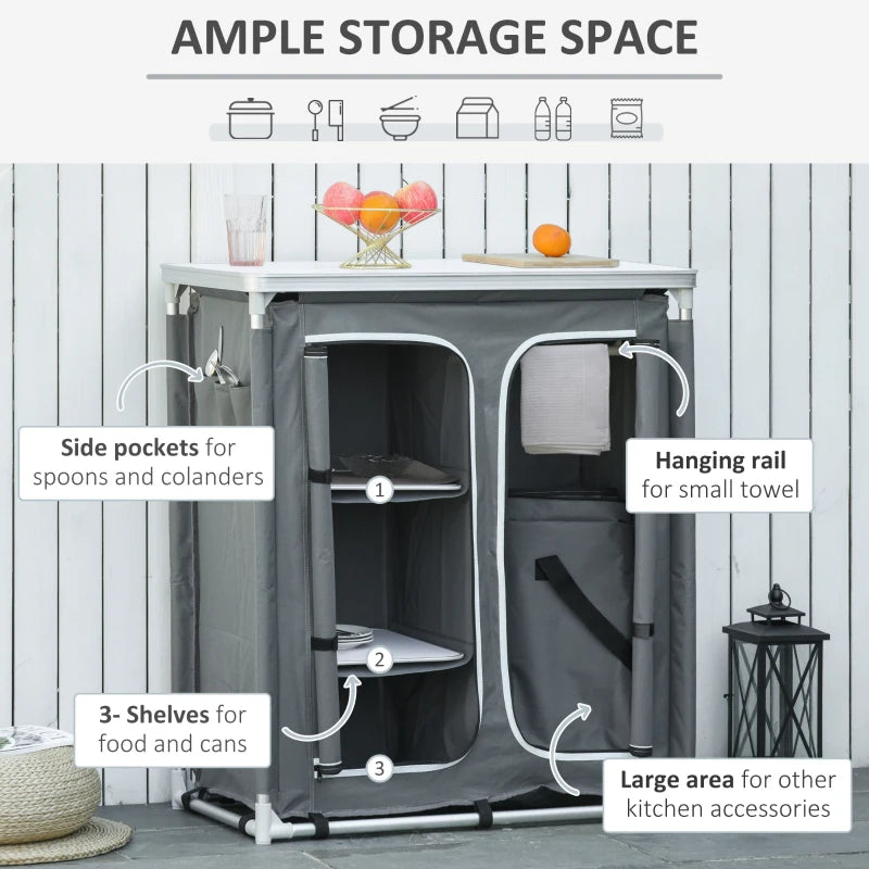 Aluminum Camping Cupboard & Kitchen Station - 3-Shelf Cook Table Storage Organizer for BBQ, Party & Picnic