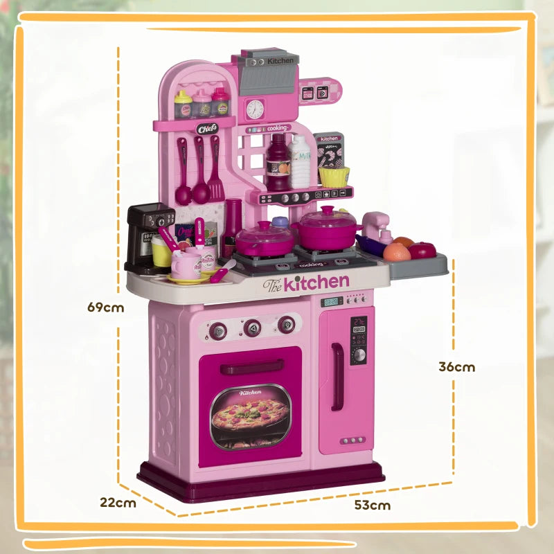 Kids Play Kitchen Set with 33 Accessories Lights Sounds Storage for Ages 3-6 Pink