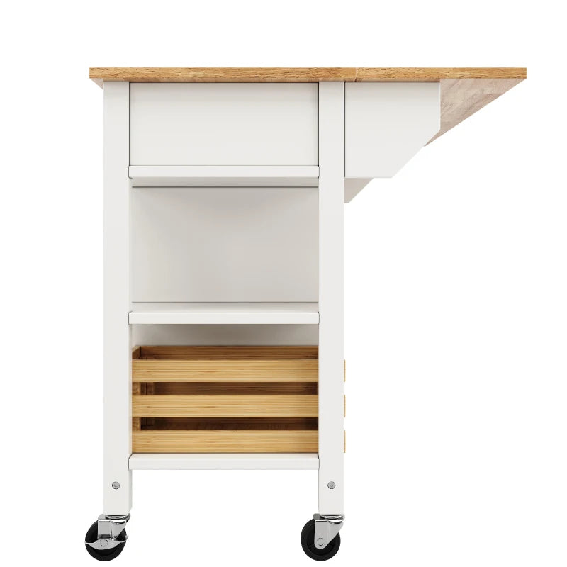 Rolling Kitchen Island Trolley with Adjustable Shelf, 3 Drawers, Spice Rack & Folding Side Board - White, 120x45x90 cm