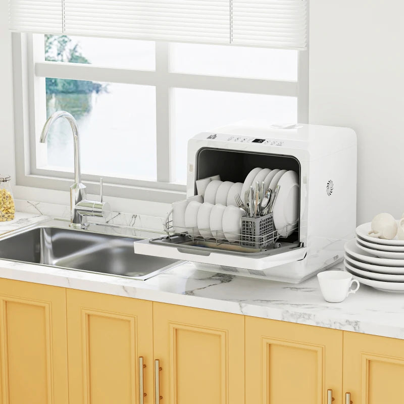 Compact Table Top Dishwasher - Mini Countertop Design, 6L Built-in Water Tank, 6 Wash Programs, 4 Place Settings, White